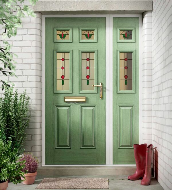 Green composite front door with stained glass panels