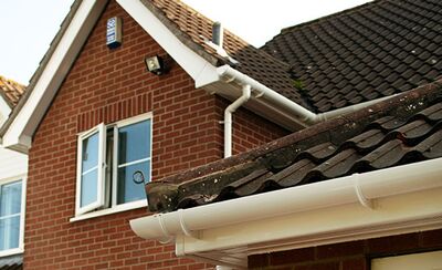 White fascia boards and guttering on a brick gable