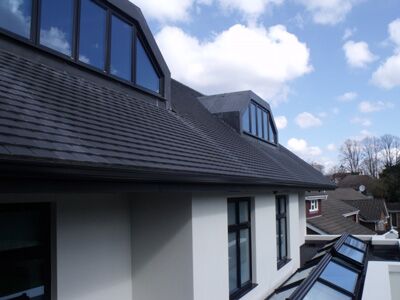Dark roof with dormer windows and fascia detail